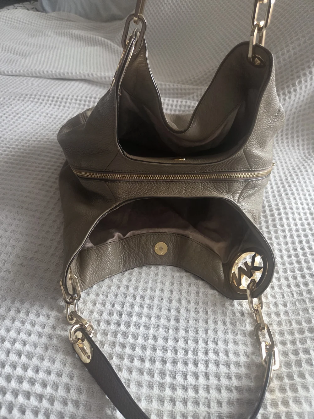 Michael Kors Taupe Pebbled Leather Shoulder Bag with Gold Hardware